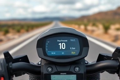 Electric motorcycle dashboard showing battery and speed